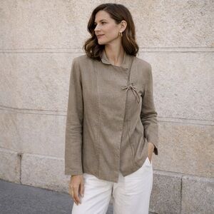 Sarah Pacini – Asymmetric Tie-Front Linen Blend Jacket – Taupe